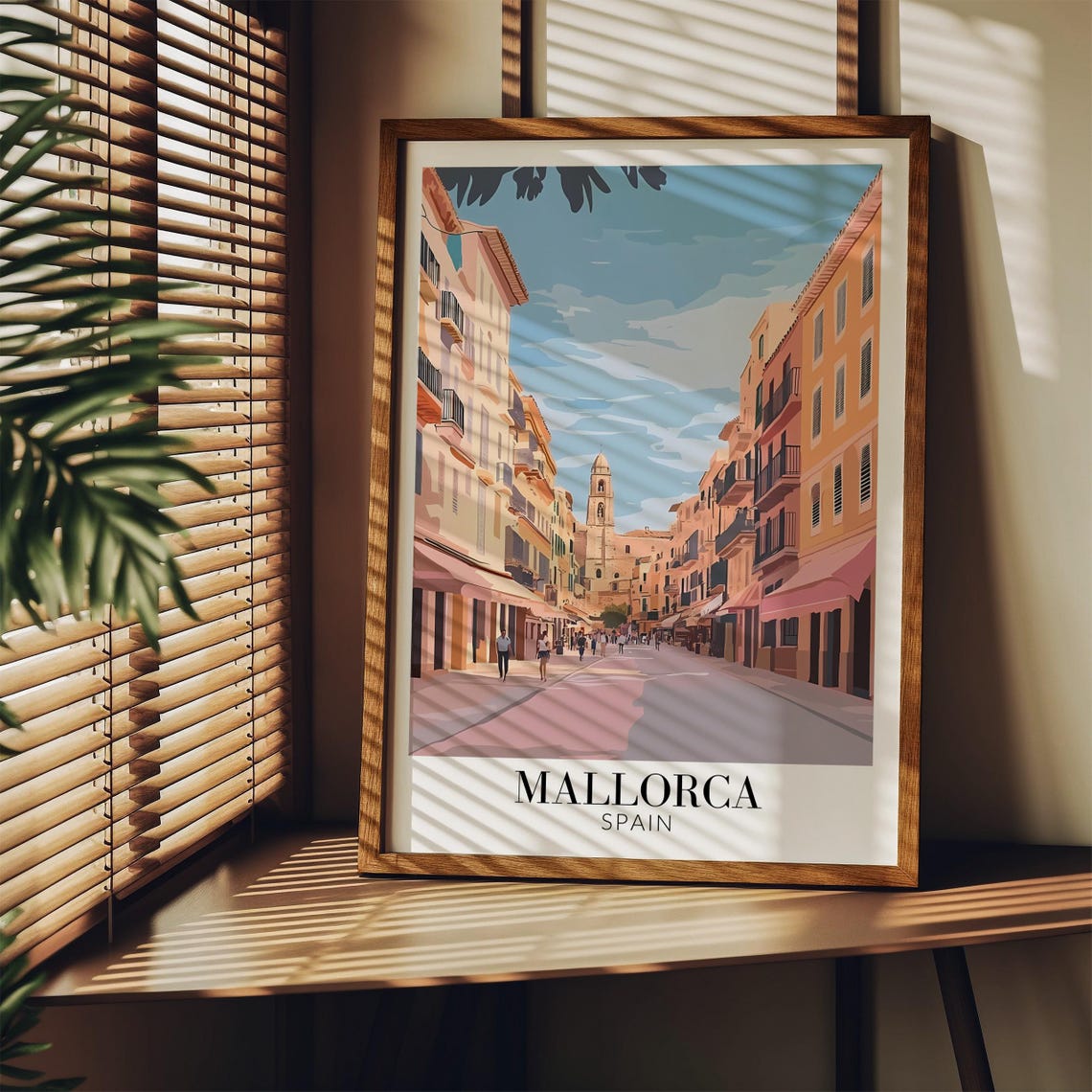 Mallorca Spain Sunny Shopping Street Poster With Bell Tower View - Image 2