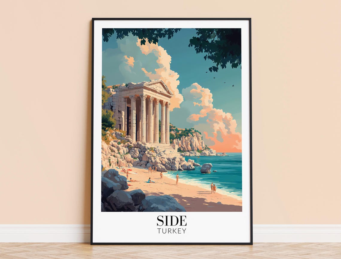 Side Turkey Ancient Seaside Temple Golden Sunset Beach Travel Poster