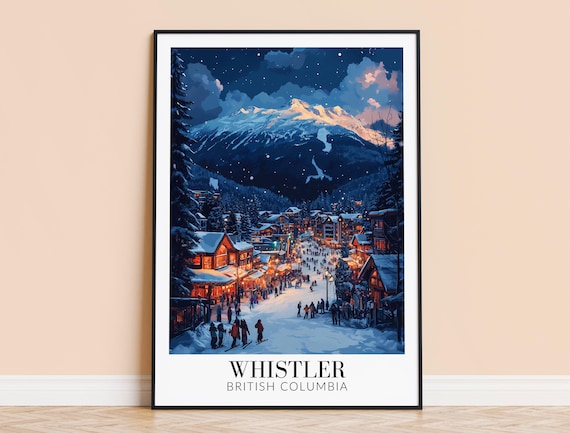Whistler Village Night Ski Lights Winter Mountain Travel Art Poster