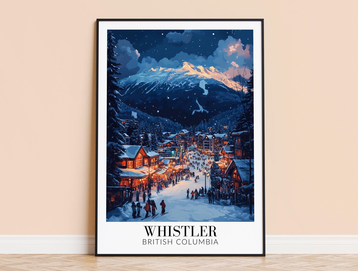 Whistler Village Night Ski Lights Winter Mountain Travel Art Poster