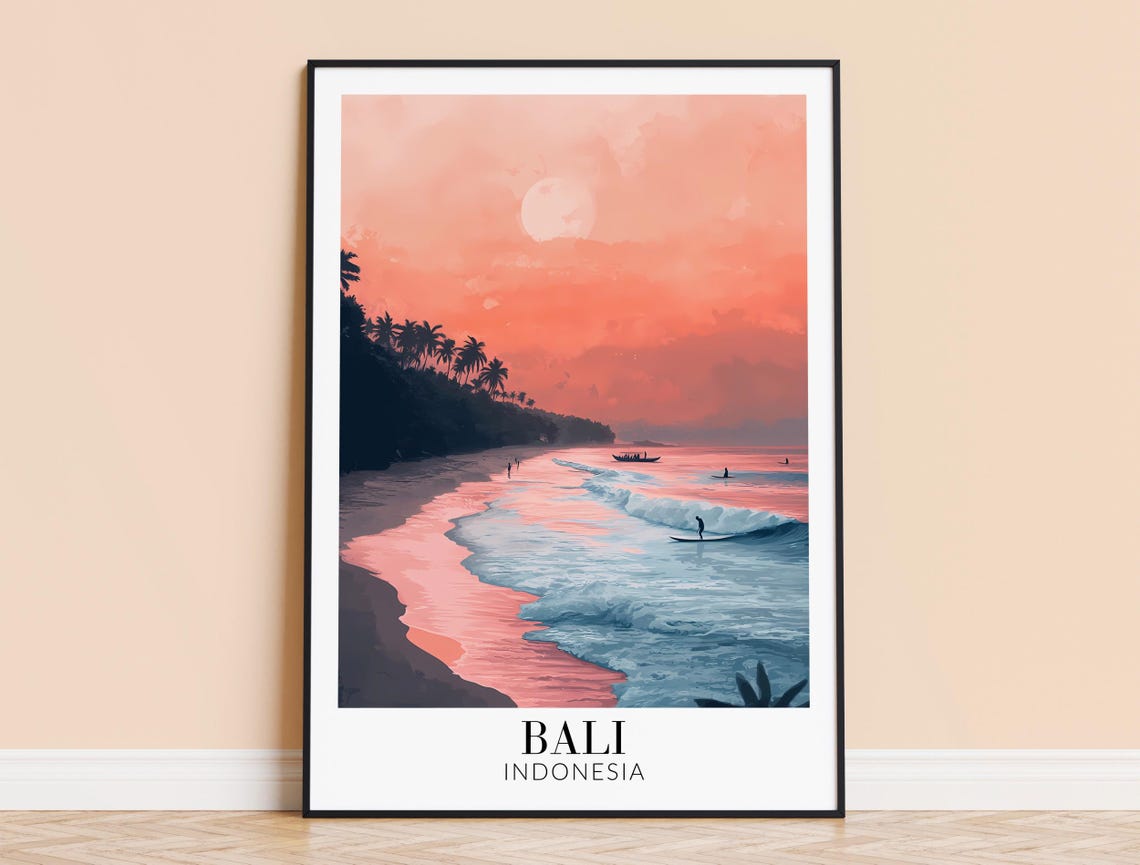 Bali Pastel Sunset Beach Surfers Pink Waves Indonesia Poster