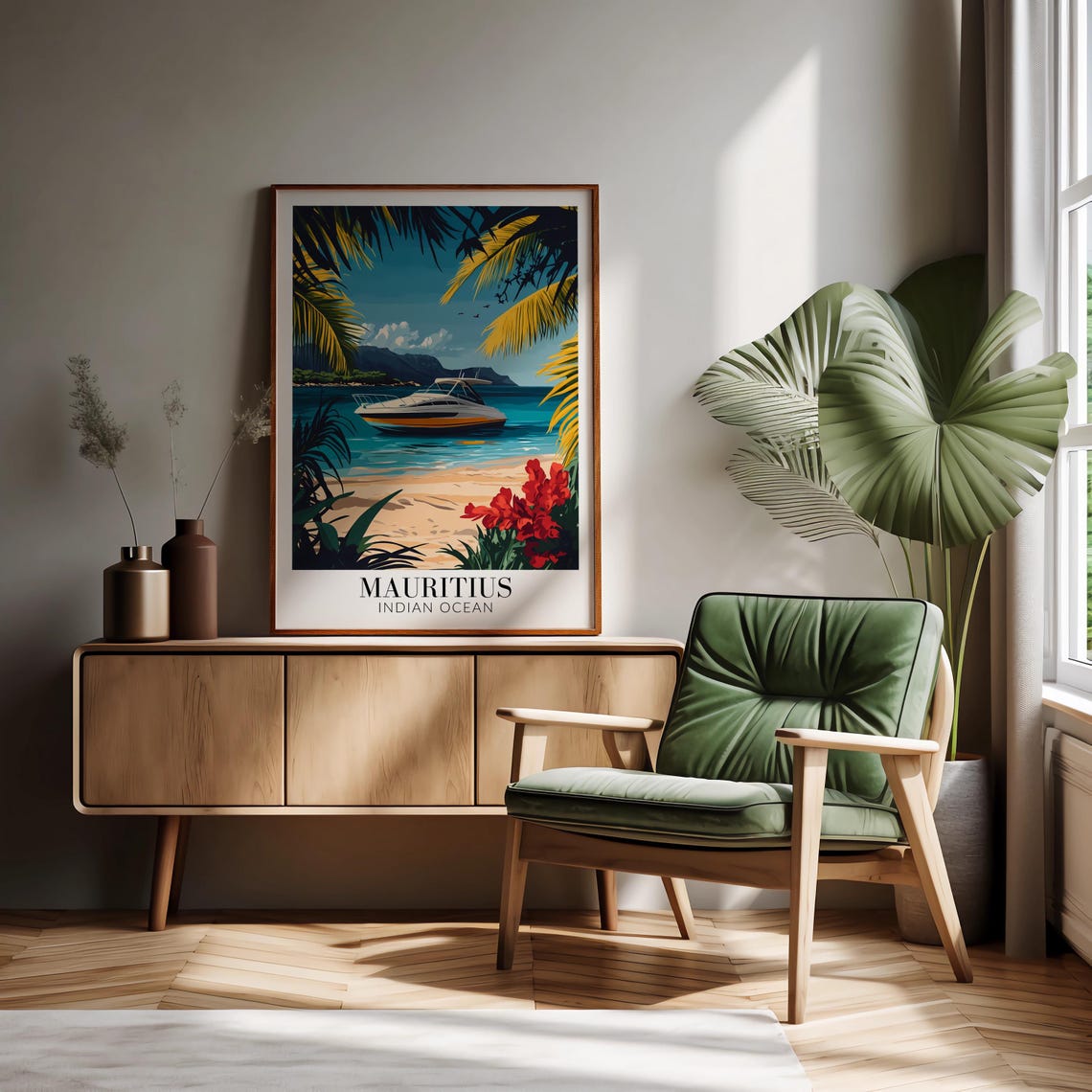 Mauritius Indian Ocean Beach Poster with Yacht and Palm Trees - Image 3
