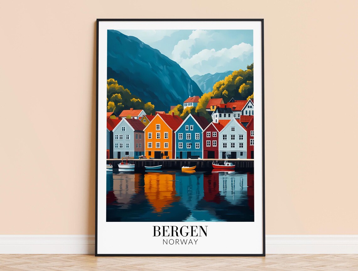 Bergen Norway Colorful Waterfront Harbor Houses Fjord Travel Poster