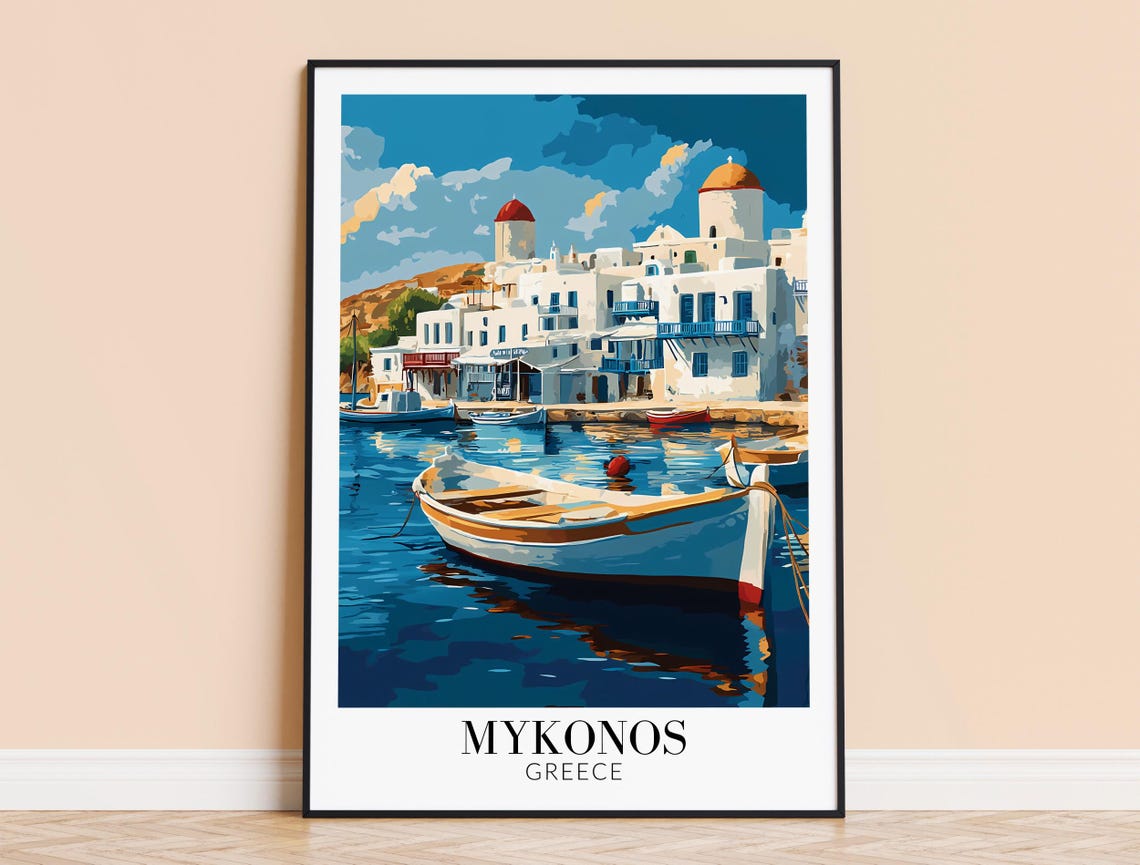 Mykonos Greece Harbor Boats and Whitewashed Waterfront Poster