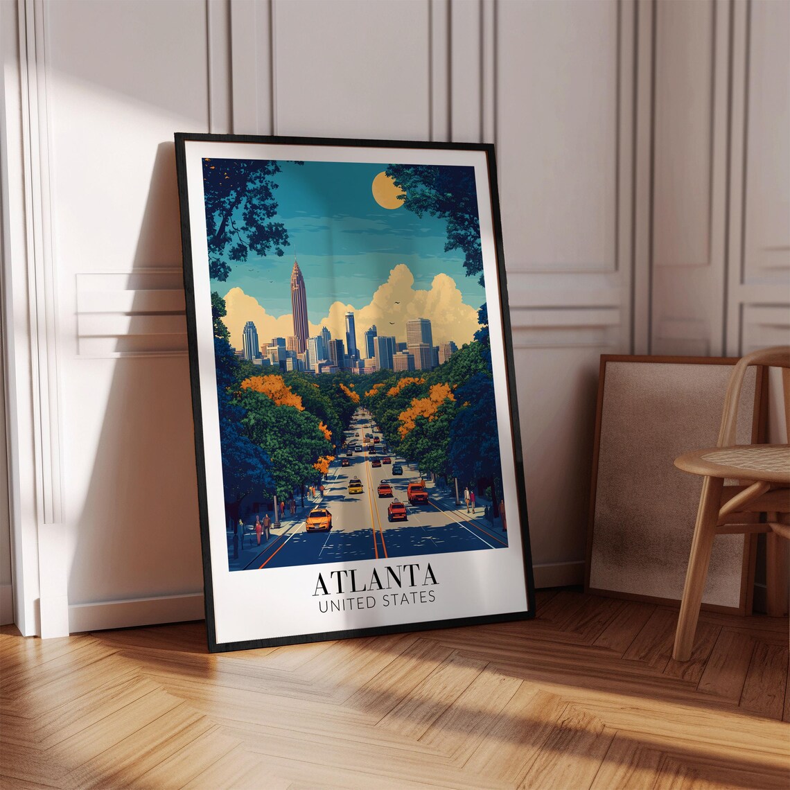 Atlanta Peachtree Street Autumn Moon Cars Night Travel Poster - Image 4