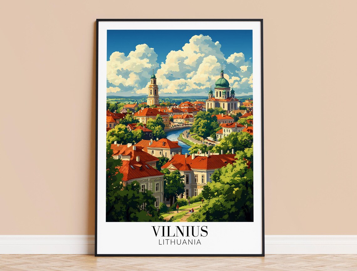 Vilnius Lithuania Old Town Red Roofs River Valley Travel Poster
