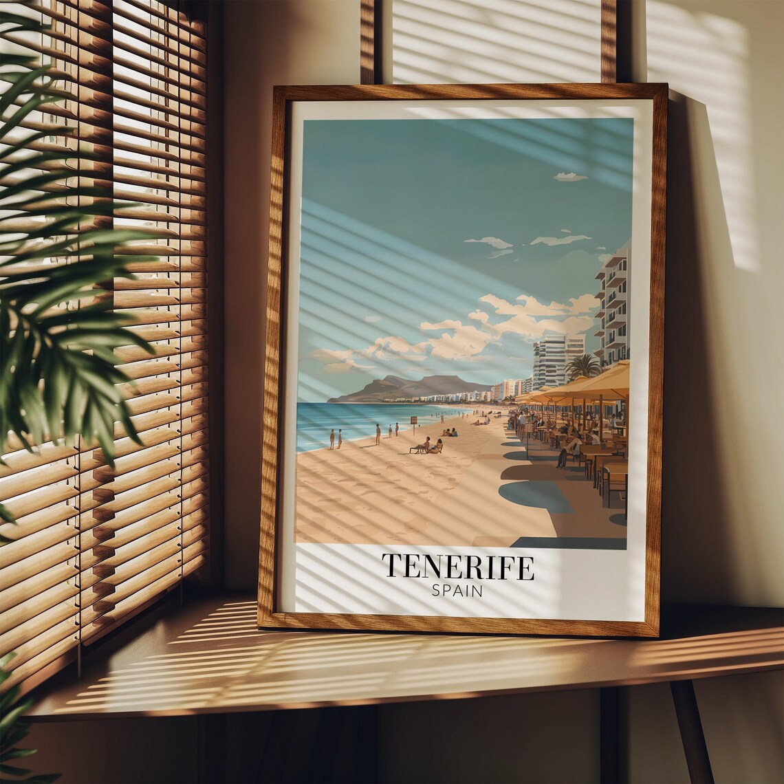 Tenerife Spain Tranquil Beach Promenade Poster With Golden Umbrellas - Image 2