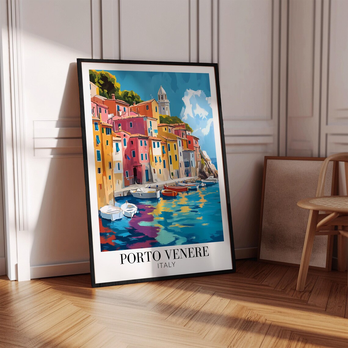 Porto Venere Italy Colorful Waterfront Houses Boat Reflections Poster - Image 4