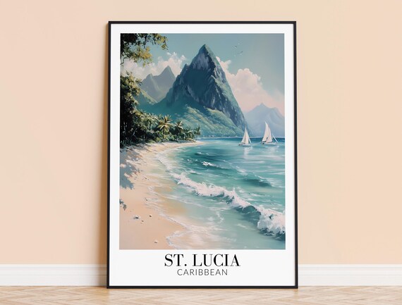 St Lucia Caribbean Piton Peak White Sand Beach Sailboats Travel Poster