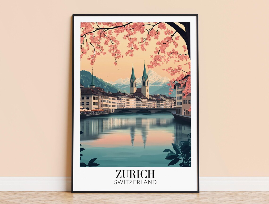 Zurich Switzerland River Blossom Spires Dawn Glow Travel Poster