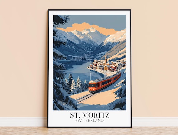 St Moritz Switzerland Red Train Snowy Alps Minimalist Travel Poster