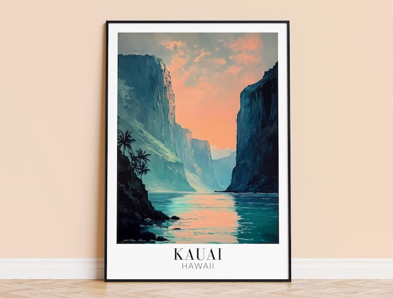 Kauai Hawaii Twilight Sea Cliffs Ocean Sunset Color Travel Poster