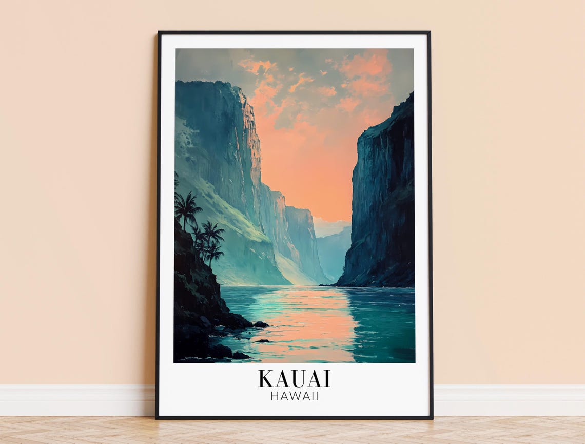 Kauai Hawaii Twilight Sea Cliffs Ocean Sunset Color Travel Poster