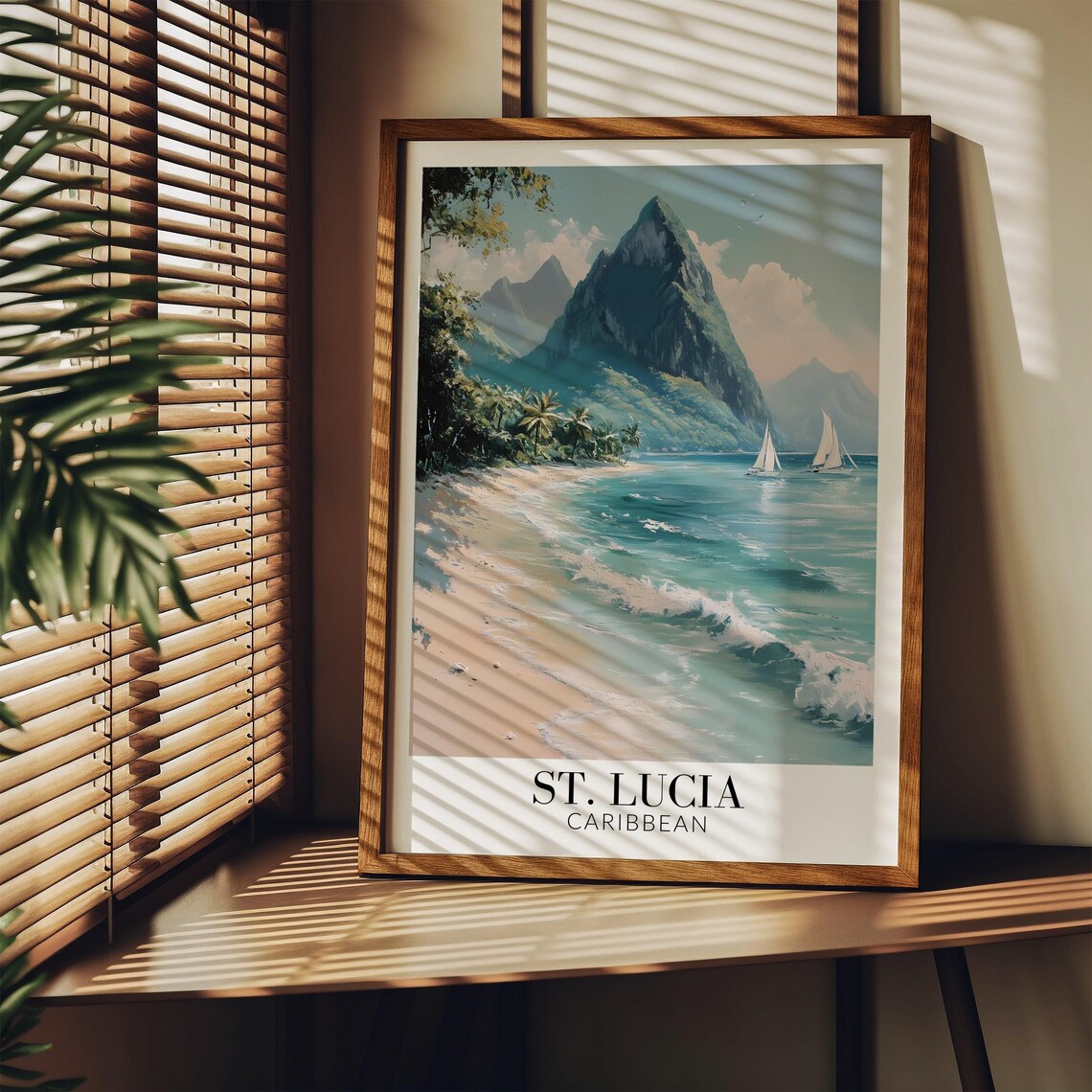 St Lucia Caribbean Piton Peak White Sand Beach Sailboats Travel Poster - Image 3