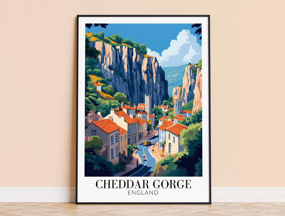 Cheddar Gorge England Cliffs Village Vintage Illustration Poster