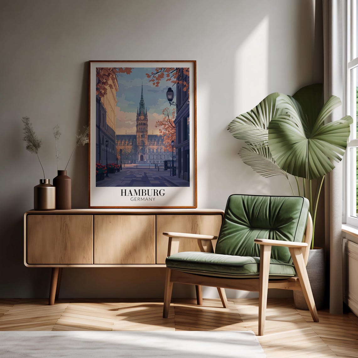 Hamburg Germany Rathaus Clock Tower Autumn Boulevard Scene Poster - Image 2