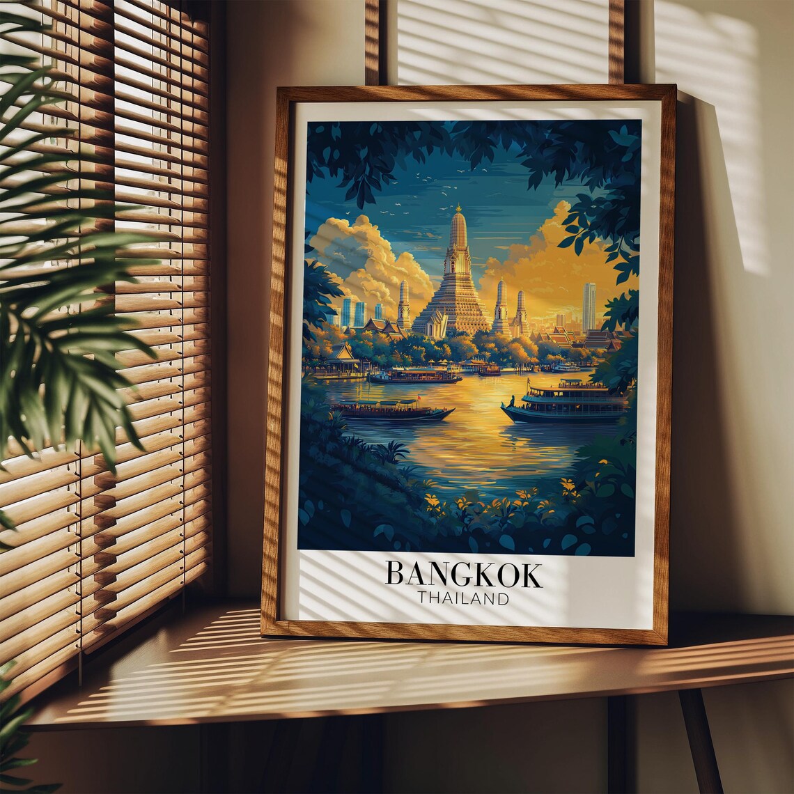 Bangkok Wat Arun Riverside Sunset Boats Golden Sky Travel Poster - Image 4