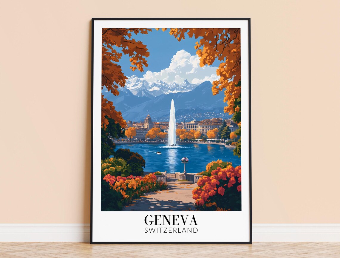 Geneva Switzerland Lakeside Fountain Autumn Alps Travel Poster