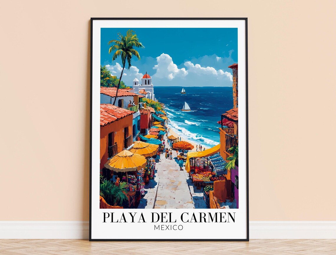 Playa del Carmen Mexico Beach Street Umbrellas Sailboat Travel Poster
