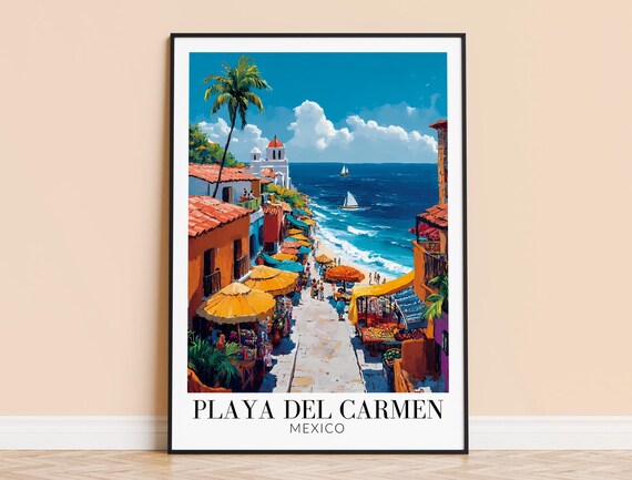 Playa del Carmen Mexico Beach Street Umbrellas Sailboat Travel Poster