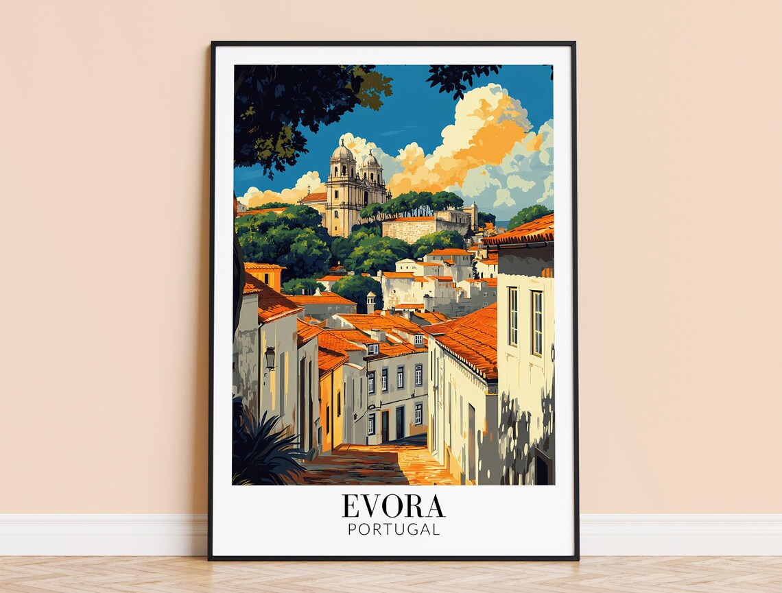Evora Portugal Old Town Street With Terracotta Rooftops Poster
