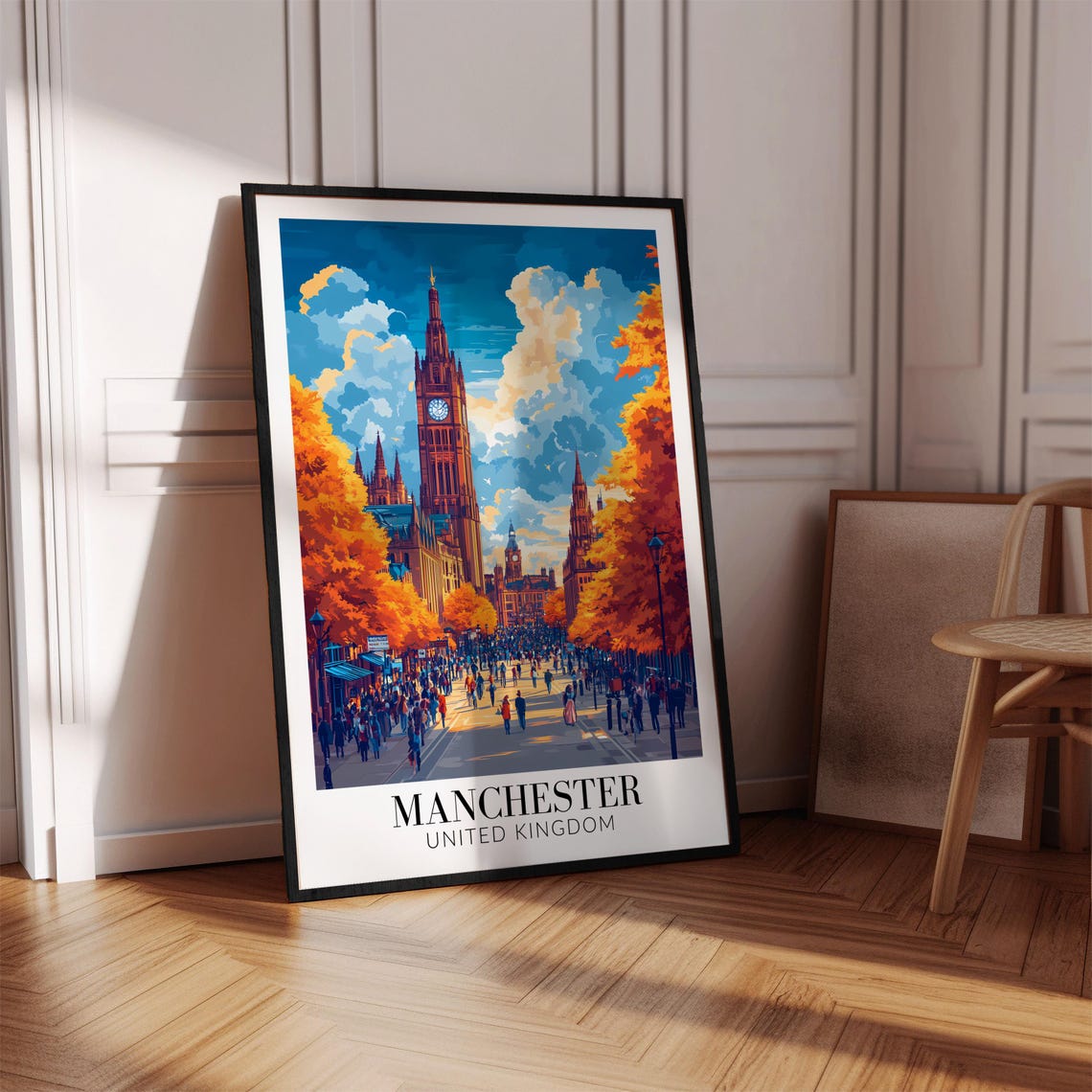 Busy Manchester Town Hall Golden Autumn Crowded Street Poster - Image 4