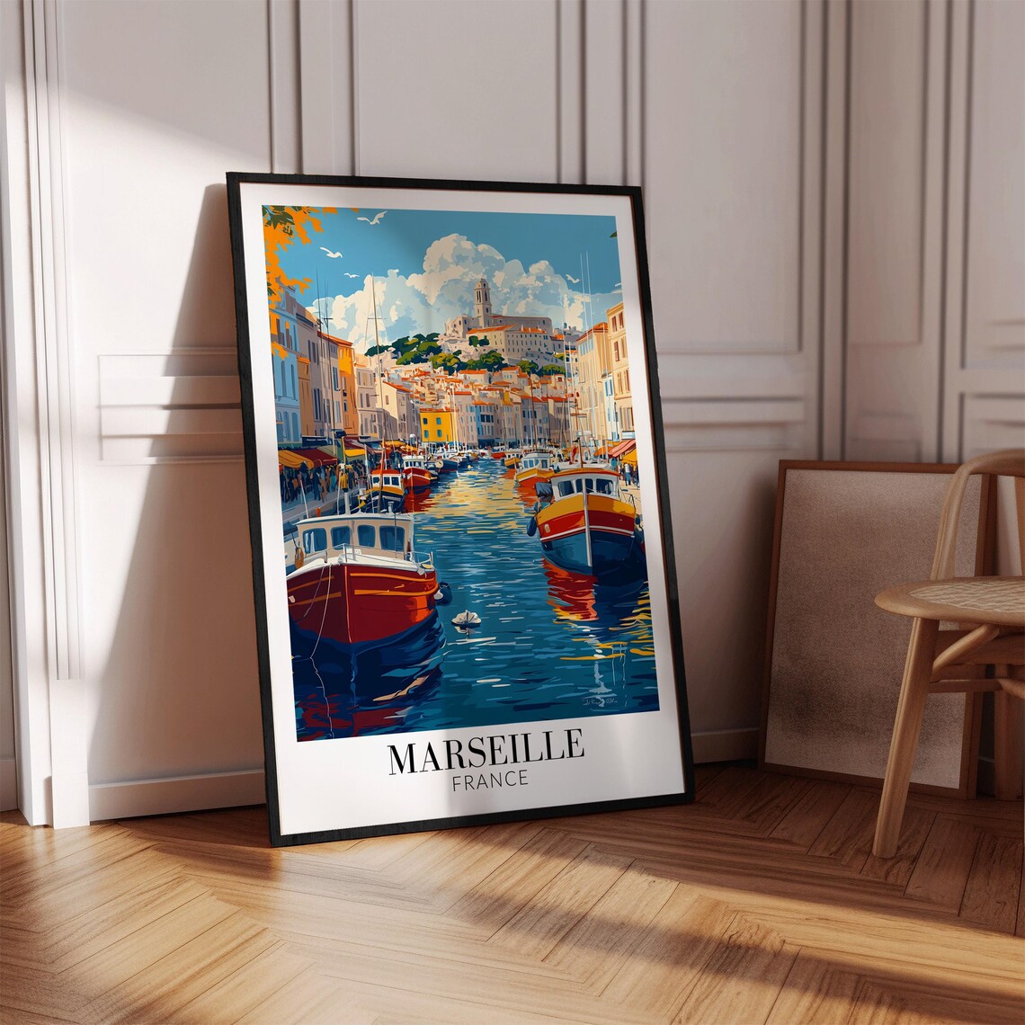 Marseille France Old Port Harbor Boats Hilltop Church Travel Poster - Image 3