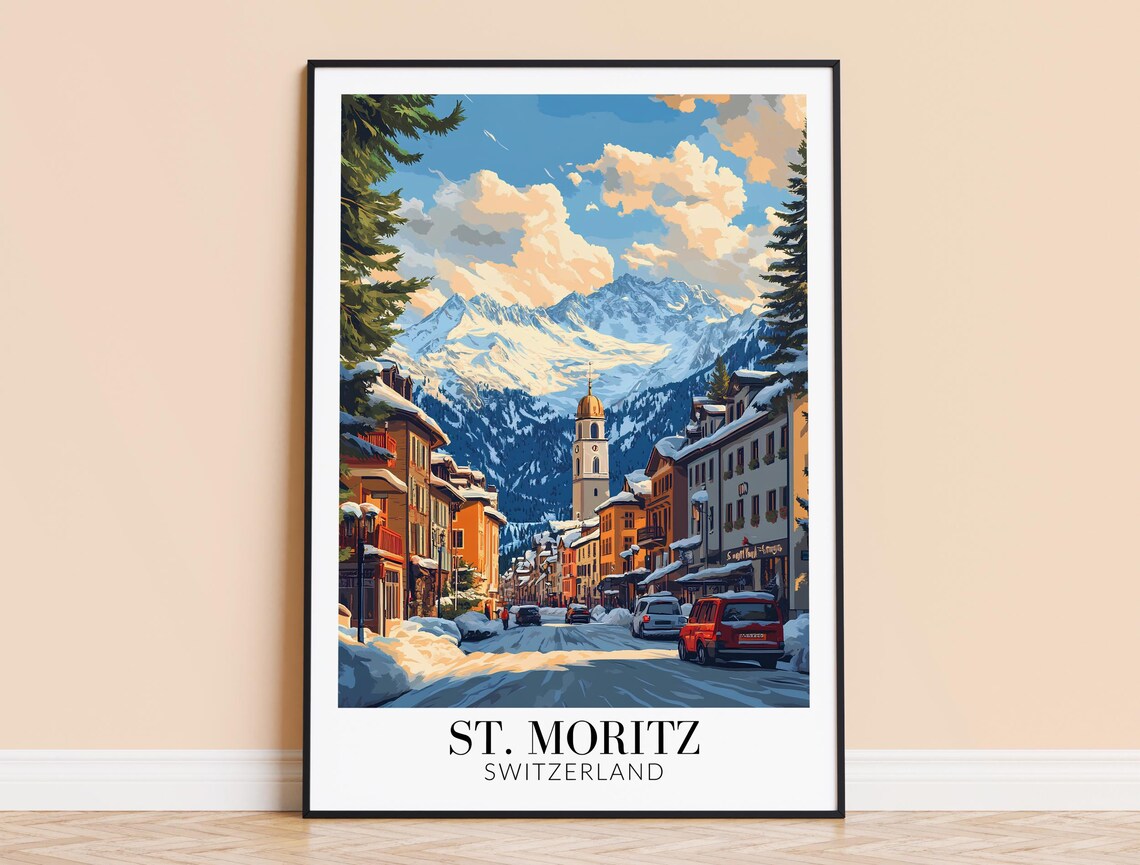 St Moritz Snowy Alpine Main Street Church Winter Travel Poster