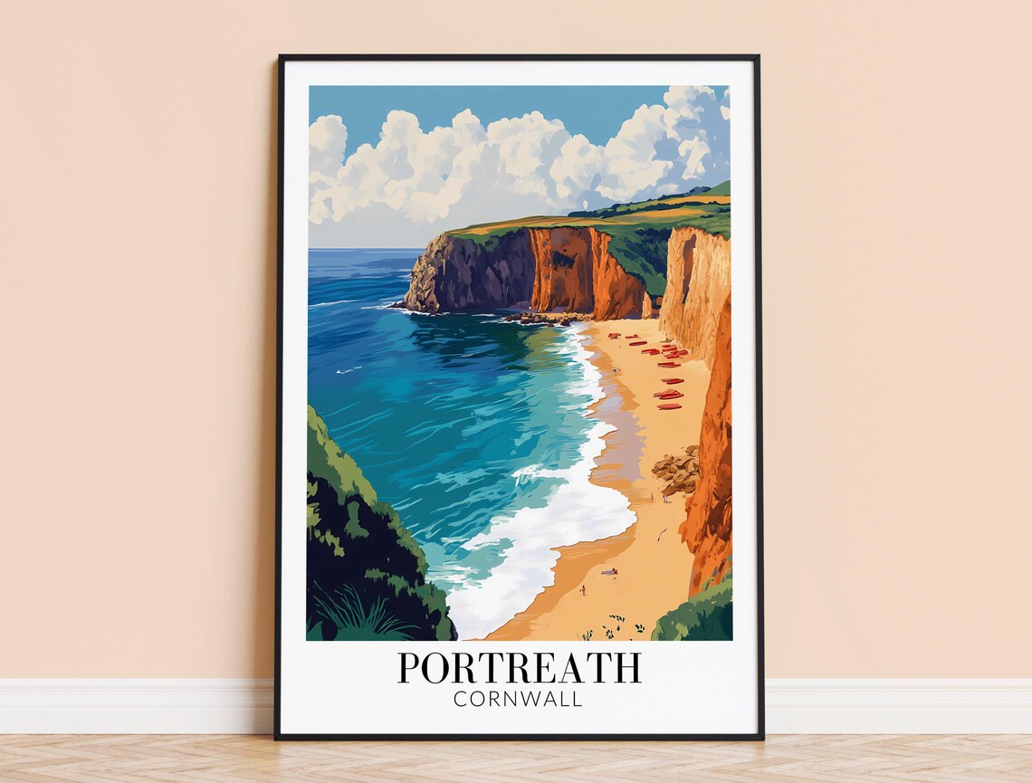 Portreath Cornwall Golden Cliffs And Turquoise Beach Travel Poster