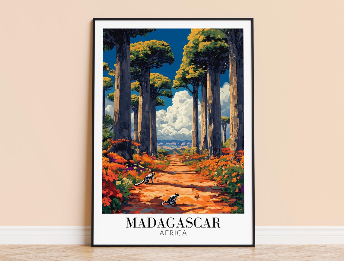 Madagascar Travel Poster Baobab Trees Lemurs Africa Wildlife Scene Decor