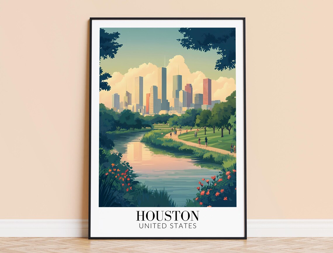Houston Texas Skyline Buffalo Bayou Morning Park Travel Poster