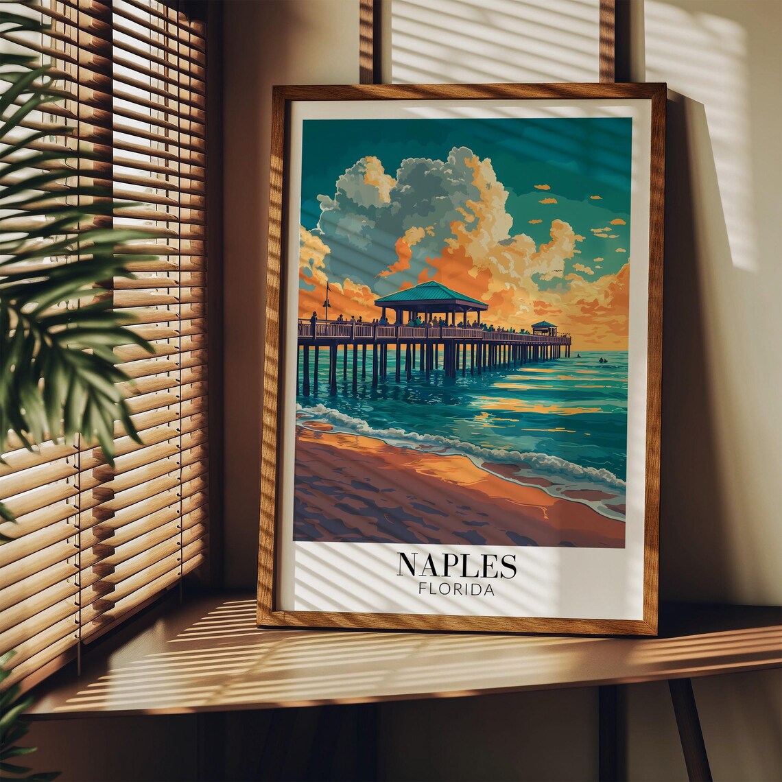 Naples Florida Pier At Sunset Golden Clouds Ocean Waves Travel Poster - Image 2