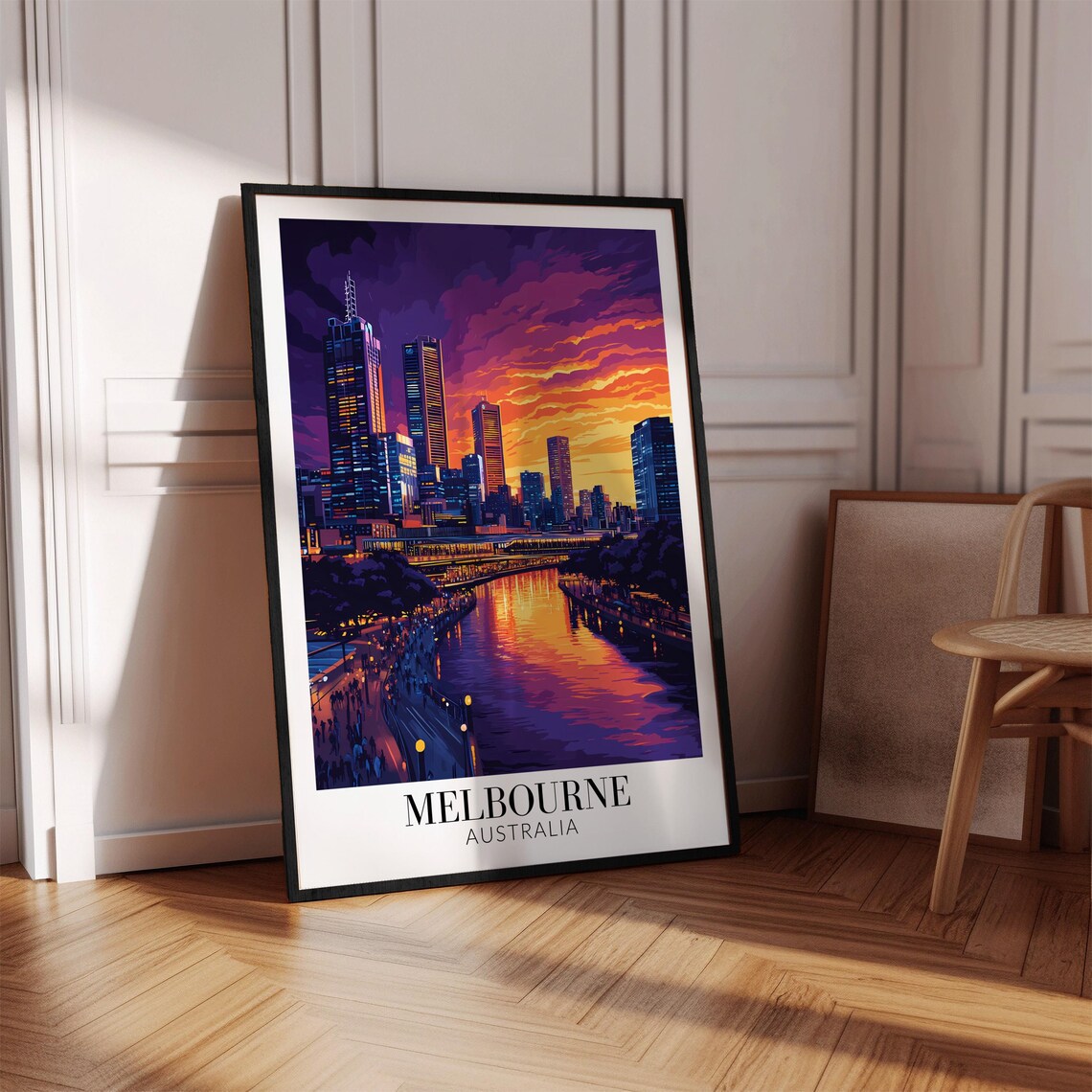 Melbourne Australia Purple Neon Night City Skyline Travel Poster - Image 2