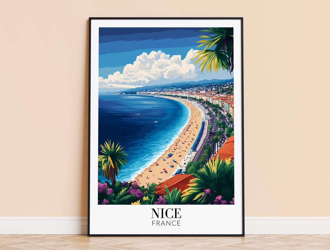 Nice France Curved Beach Bay Palm Trees Riviera Travel Poster