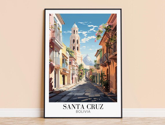 Santa Cruz Bolivia Colonial Street Cathedral Travel Poster Vintage