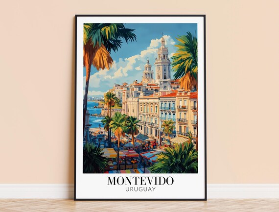 Montevideo Uruguay Travel Poster Palm City Skyline Colorful Vintage