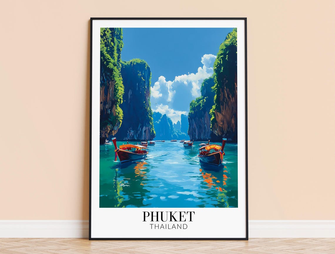 Phuket Thailand Limestone Karsts Longtail Boats Emerald Bay Poster