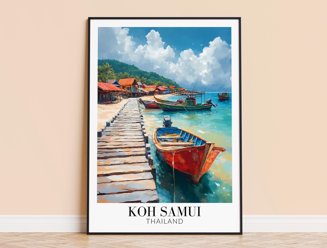Koh Samui Thailand Fishing Pier Boats Coastal Village Travel Poster