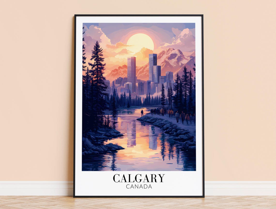 Calgary Canada River Sunset City Skyline Reflection Travel Poster