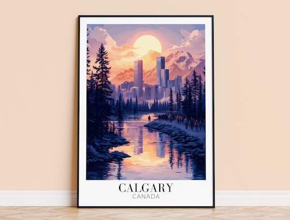 Calgary Canada River Sunset City Skyline Reflection Travel Poster