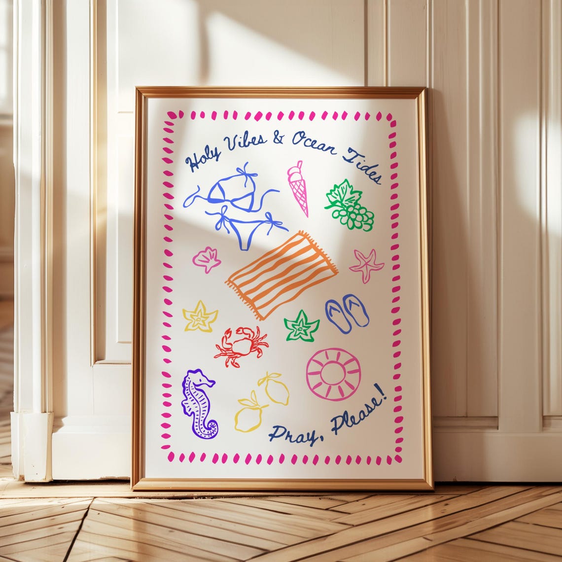 Holy Vibes Ocean Tides Coastal Doodle Collage Beach Art Poster