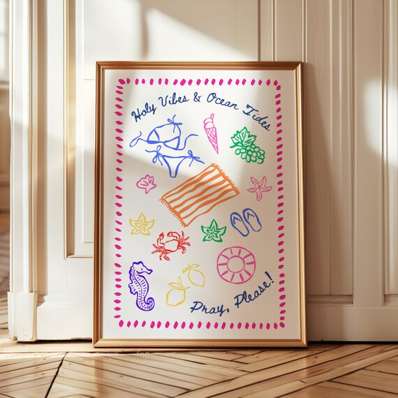 Holy Vibes Ocean Tides Coastal Doodle Collage Beach Art Poster