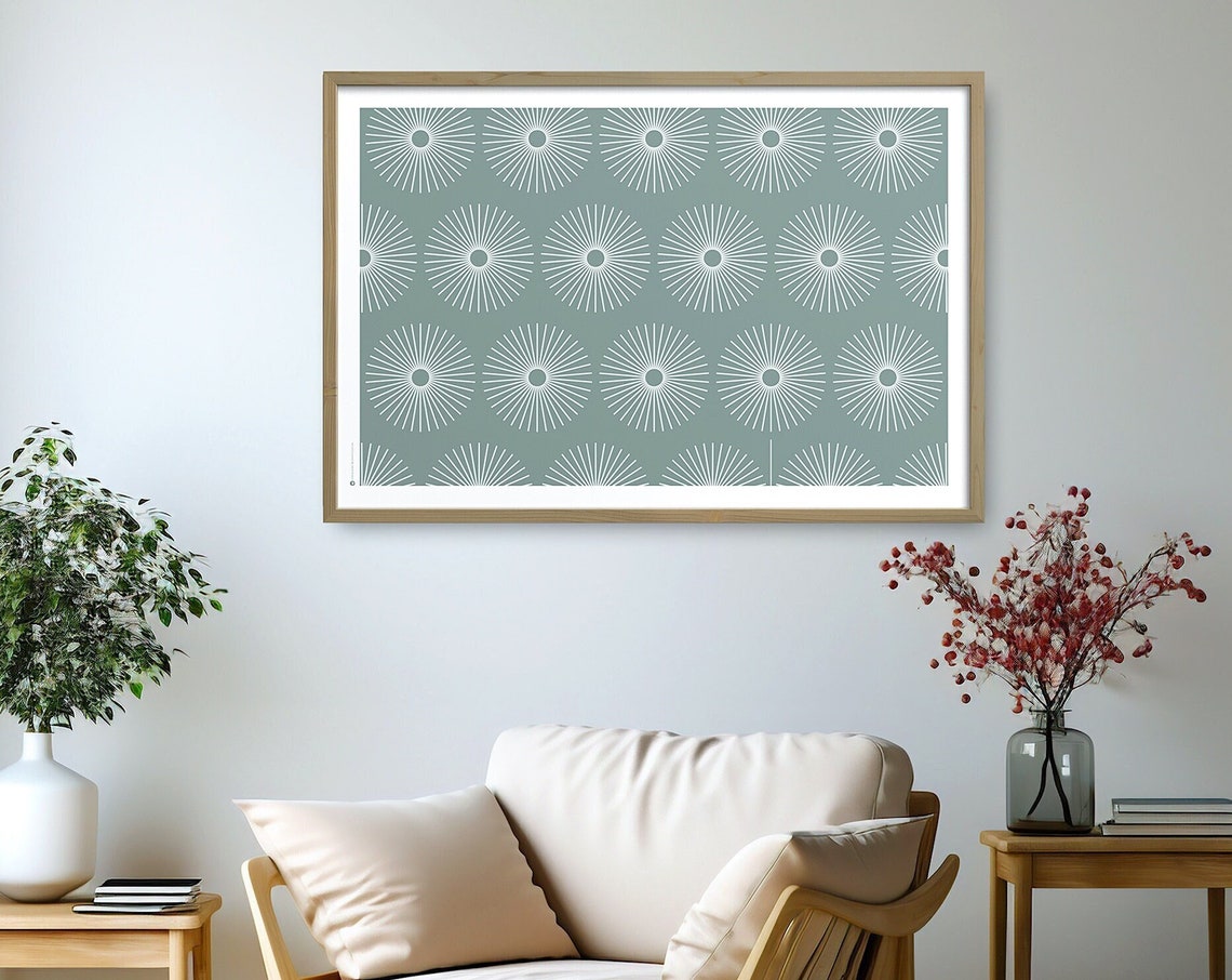White Sunburst Flower Pattern on Sage Green Botanical Art Poster - Image 4