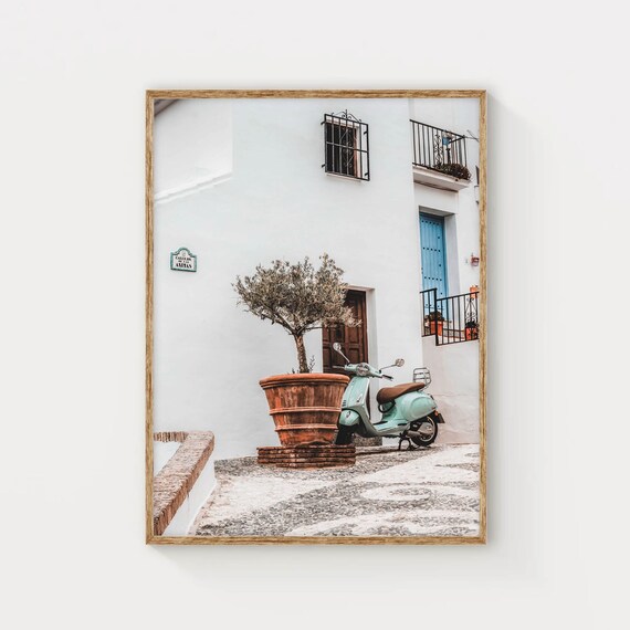 Vintage Mint Scooter White Spanish Street Olive Tree Travel Photo Poster