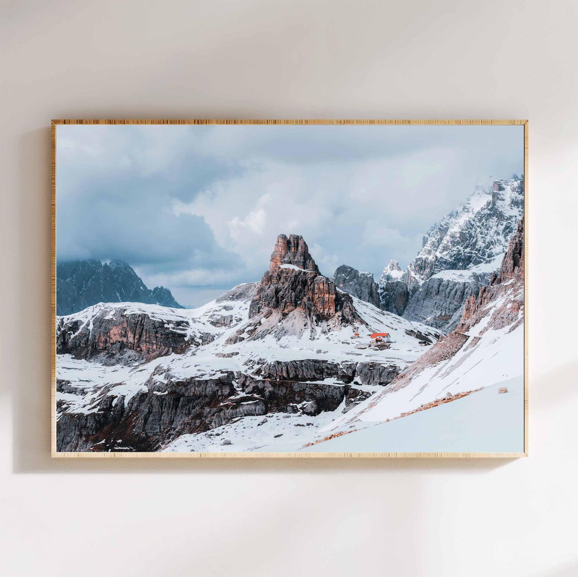 Tre Cime di Lavaredo Snowy Dolomites Peaks With Mountain Refuge Poster - Image 5