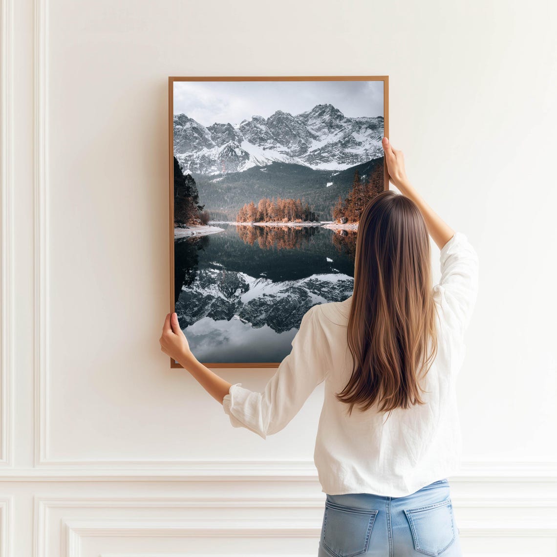 Snow Capped Mountain Peaks Mirrored in Calm Alpine Lake Poster - Image 3