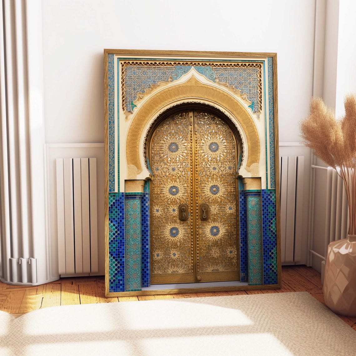 Moroccan Brass Door with Blue Zellige Tile Arch Detail Poster - Image 5