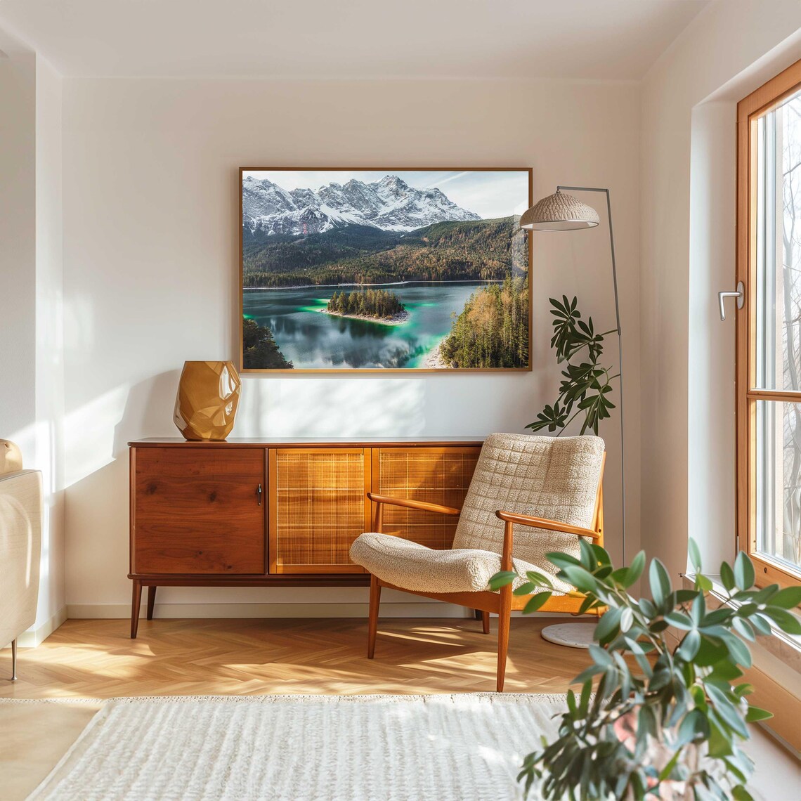 Emerald Green Lake with Forested Island and Snowy Peaks Poster - Image 5