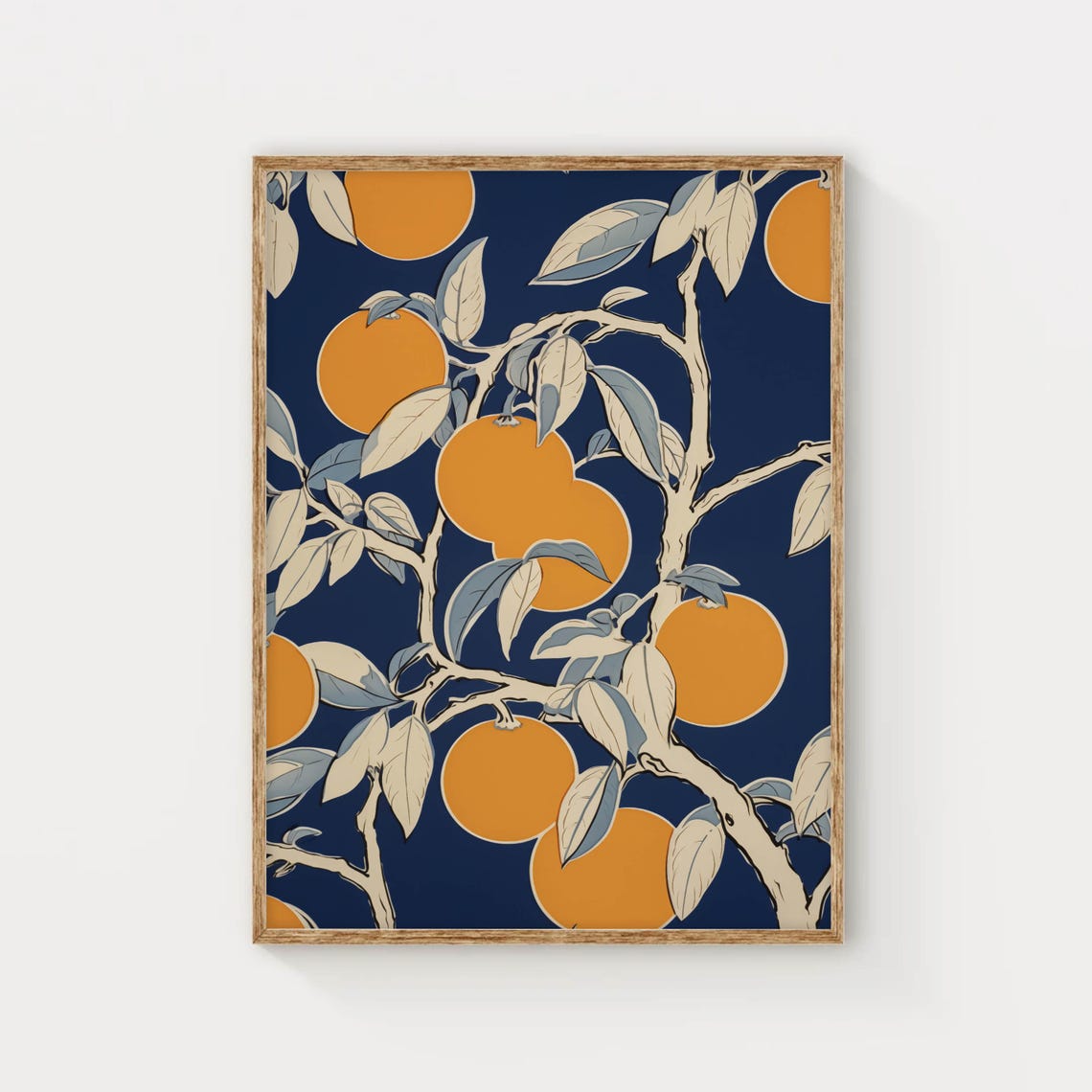 Orange Tree Branches on Navy Art Deco Style Vintage Fruit Poster