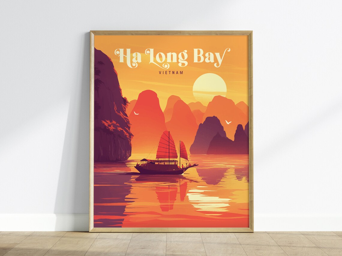 Ha Long Bay Vietnam Golden Sunset Junk Boat Vintage Travel Poster